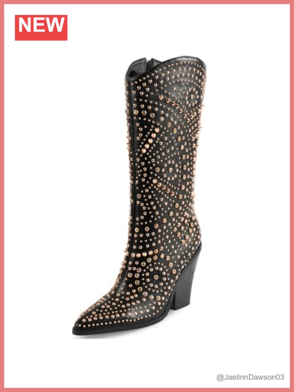 Studded Pointed Toe Chunky High Heel Mid-Calf Boots Faux Leather